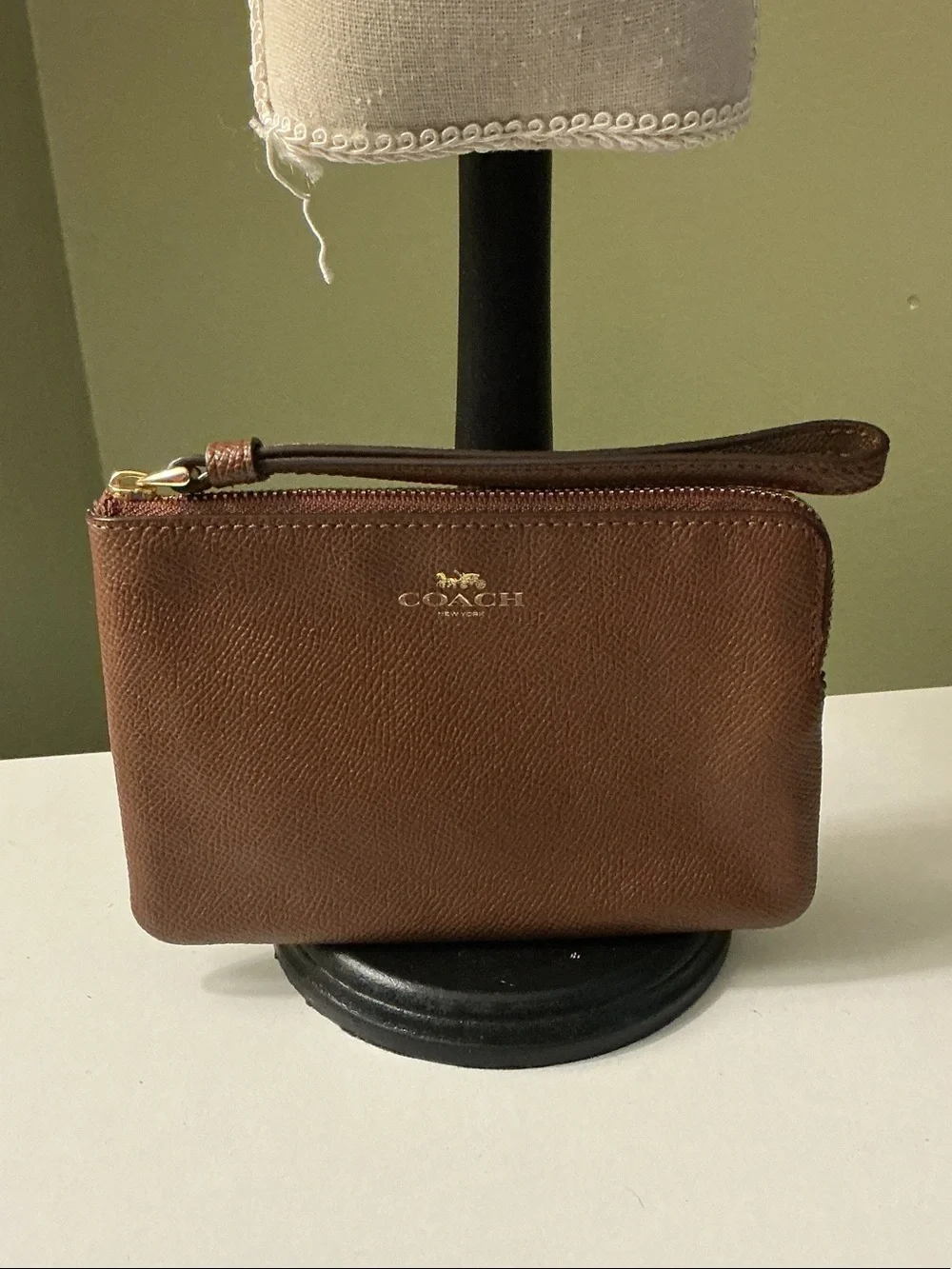 Coach NY Chestnut Brown Leather Zip Wristlet with Strap & Gold Logo EUC
